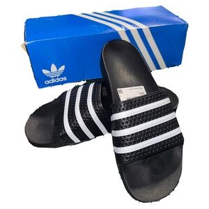 Adidas Black Slides with White Stripes